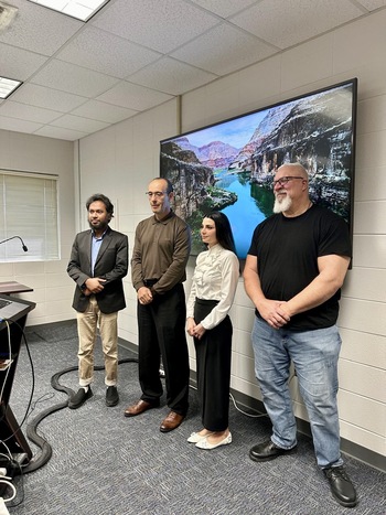 Rasha and her committee, left to right: postdoctoral research associate Dr. Md Meftahul Ferdaus, GulfSCEI director and professor Dr. Mahdi Abdelguerfi, doctoral research assistant Rasha Alshawi, and associate professor Dr. Christopher Summa.